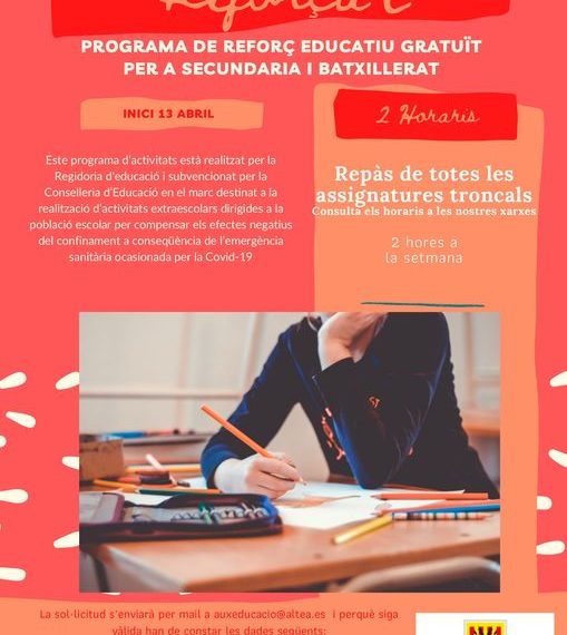 LA REGIDORIA D’EDUCACIÓ POSA EN MARXA EL PROGRAMA GRATUÏT DE RECORÇ ESCOLAR PER A ESO I BATXILLER «REFORÇA’T»