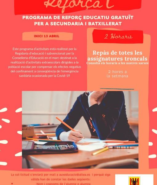 LA REGIDORIA D’EDUCACIÓ POSA EN MARXA EL PROGRAMA GRATUÏT DE RECORÇ ESCOLAR PER A ESO I BATXILLER «REFORÇA’T»